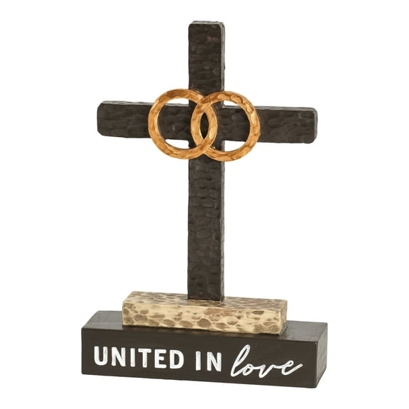 Love Bronzetone Scalloped Brown Rings Cross 8 inch Resin Decorative Tabletop Figurine