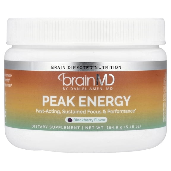 BrainMD Peak Energy Powder, 30 Servings, Fast-Acting Sustained Focus, Blackberry Flavor