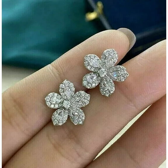 3Ct Round Cut Lab Created Flower Diamond Stud Earrings 14K White Gold Plated