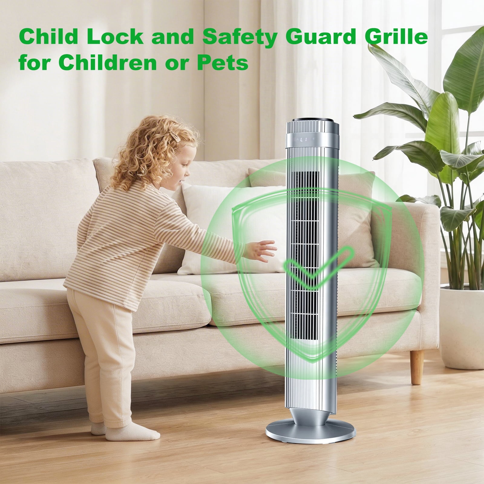 Quiet Tower Fan for Bedroom, Oscillating Fan with Child Lock & Night Light, 28dB, 12H Timer and Remote, 5 Speeds Cooling Fan for Nursery and Home,Silver