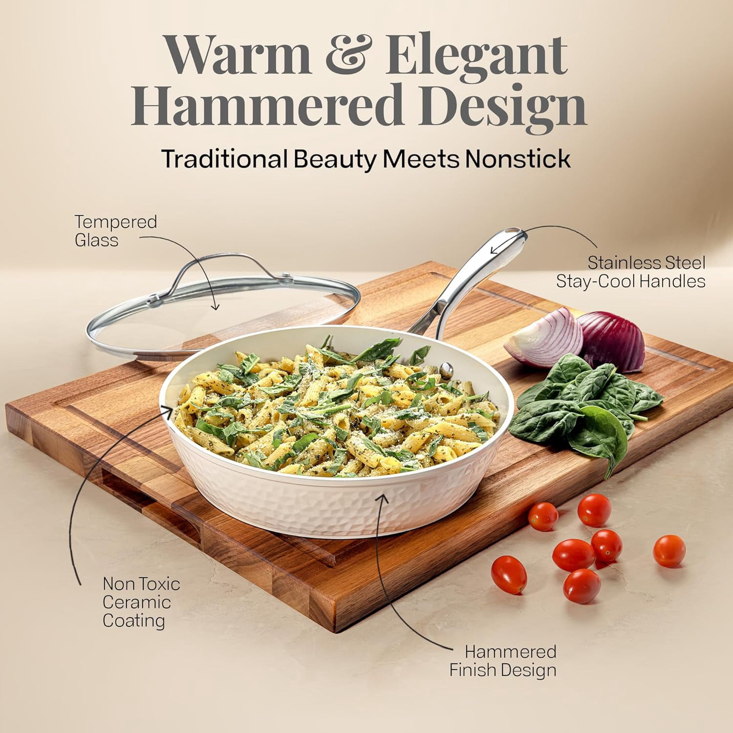 Gotham Steel Hammered 10 Inch Non Stick Frying Pans with Lid, Frying Pans Nonstick w/ Lid, Healthy and Non Toxic Ceramic Pan for Cooking, Nonstick Frying Pan, Induction Pan, Dishwasher Safe – Cream