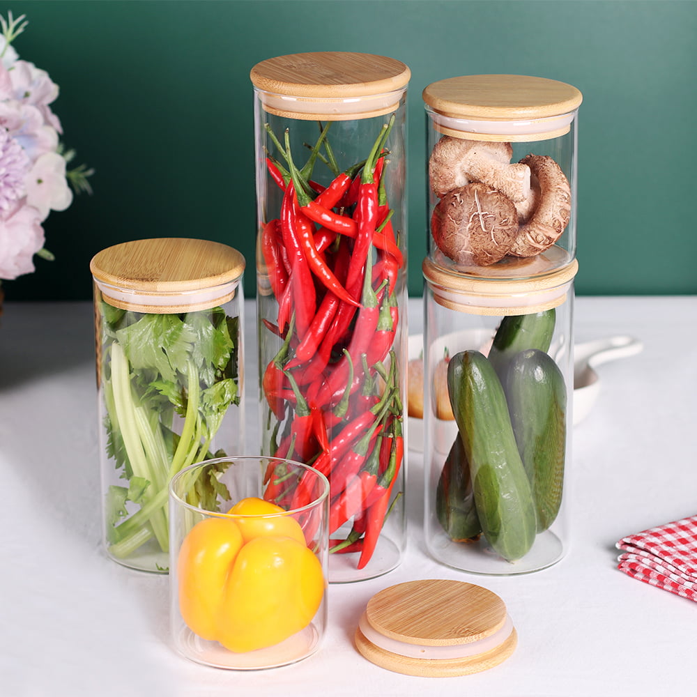 YUNCANG Glass Storage Jars [Set of 5],Clear Glass Food Storage Containers  with Airtight Bamboo Lid Stackable Kitchen Canisters for