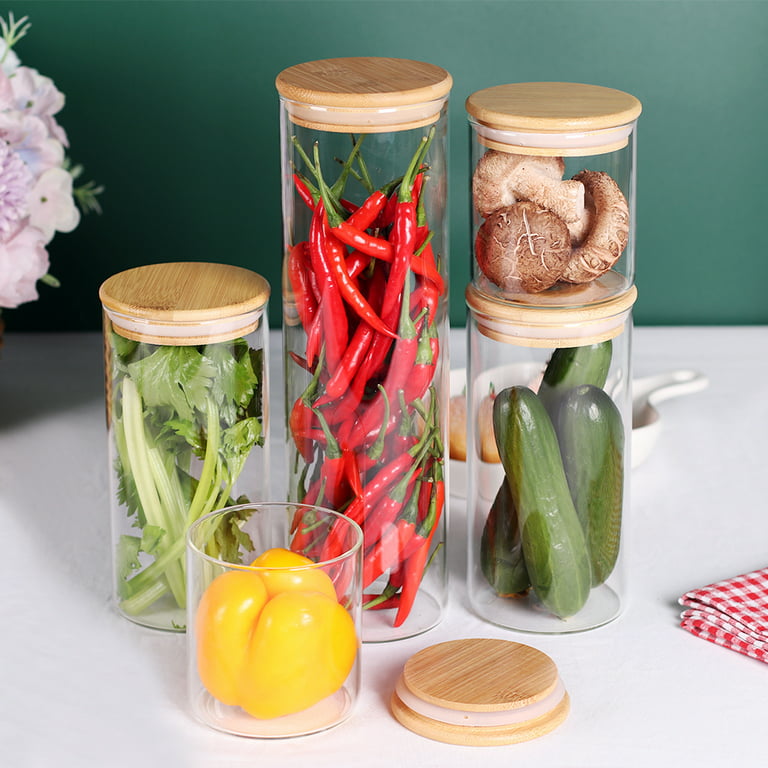 Canister Set of 5, Glass Kitchen Canisters with Airtight Bamboo