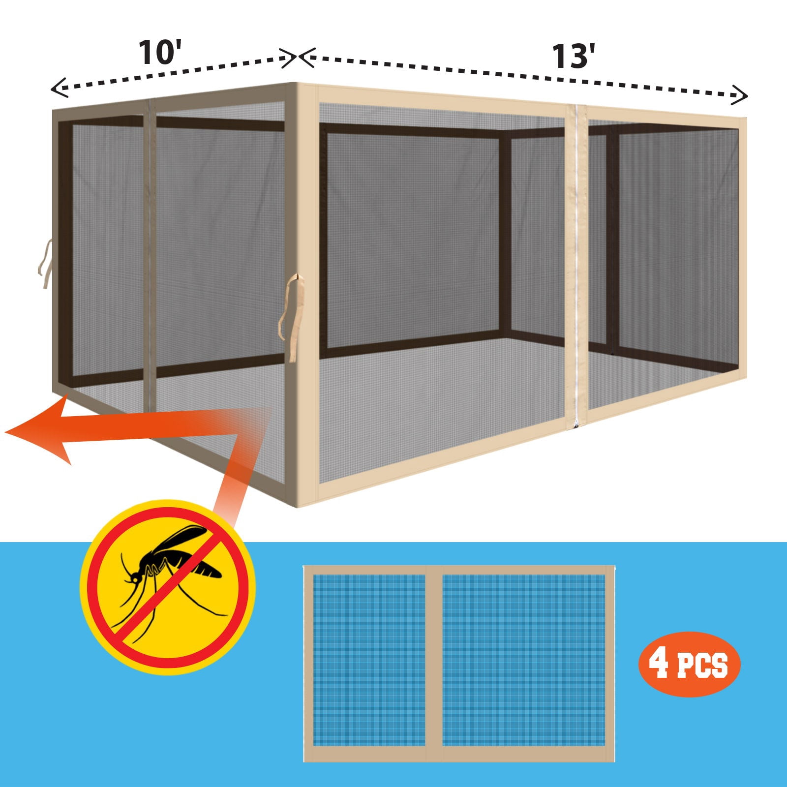 SOLAXO Canopy Replacement Sidewalls Mesh Canopies Screen Zippered Wall Panels Mesh Wall Sidewalls for 10'x13' Gazebo, 4 Pack, Walls ONLY