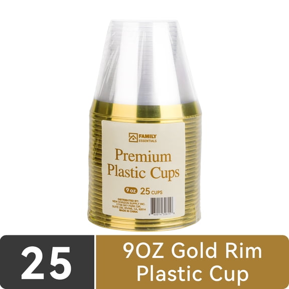 Family Essentials Premium Plastic Cups with Gold Rim, 9OZ, 25 Count