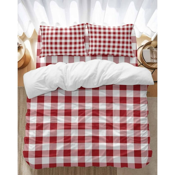 Red White Bedding Duvet Cover Set Full Size 4 Pieces Buffalo Plaid Soft Twill Plush Quilt Cover, Include 1 Duvet Cover 1 Flat Sheet And 2 Pillow