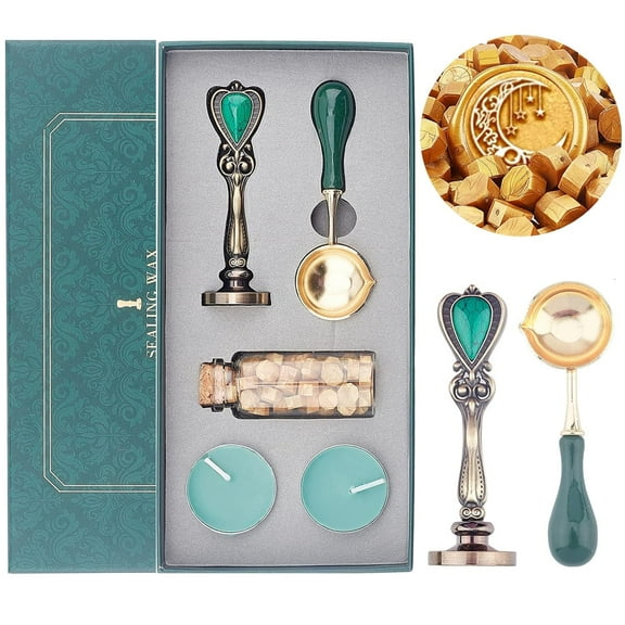 Wax Seal Stamp Set Moon and Stars 30mm Sealing Wax Stamp with Sealing Wax Beads Melting Spoon and Candles for Wedding Invitation Gift Cards Letters Envelopes Mixed Color
