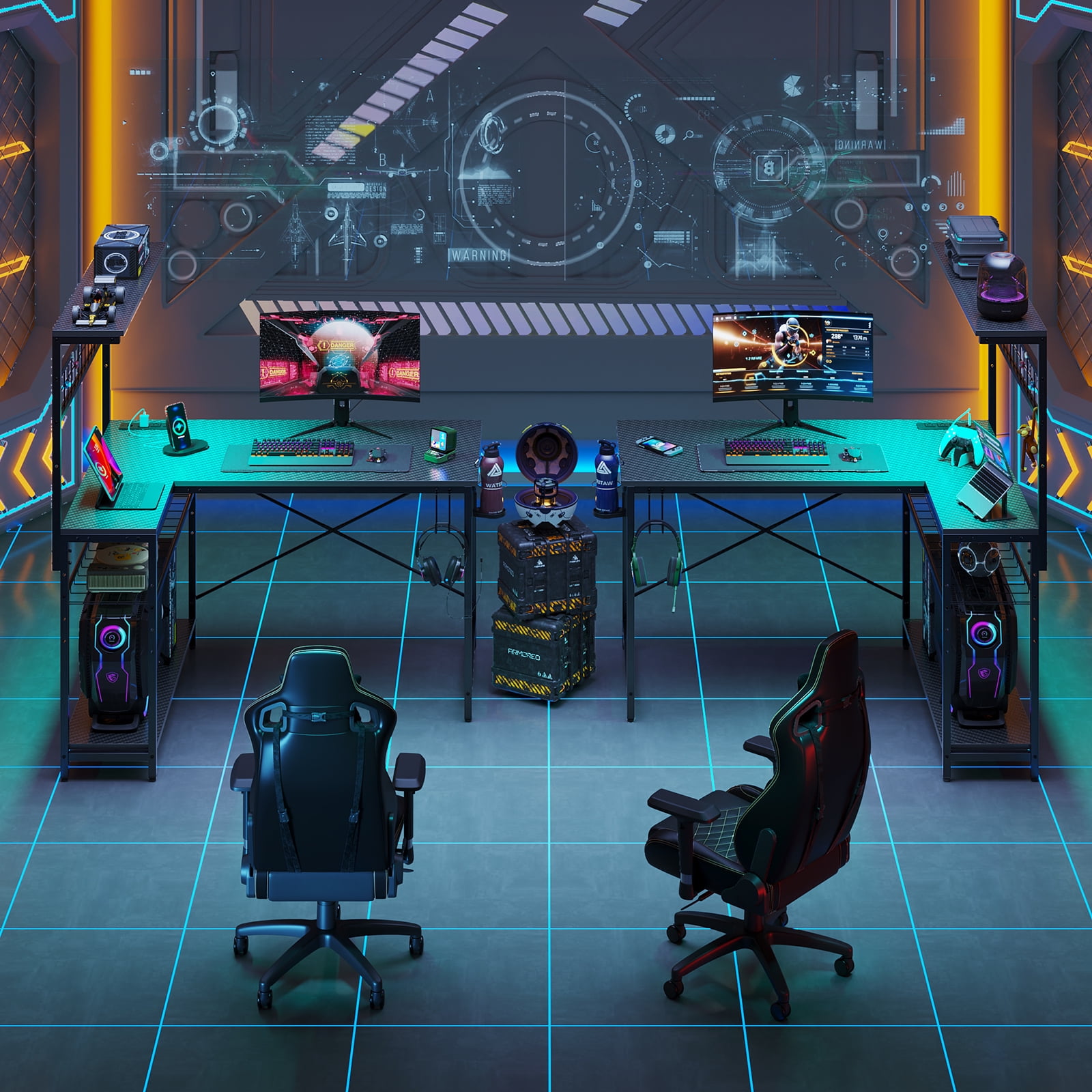 Bestier 51-Inch L-Shaped Gaming Desk with Power Outlets, LED Workstation, 4-Tier Shelves, Carbon Fiber Finish