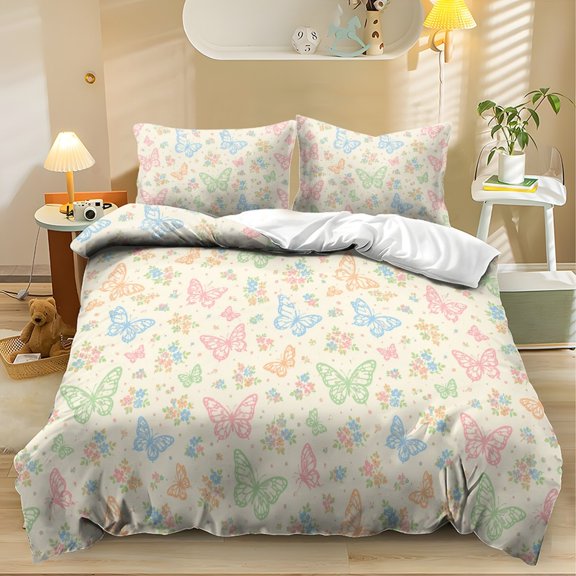 ZIATUBLES Pastel Butterfly Floral Print Twin Size Duvet Cover Set, 3 Pieces Soft Cozy Bedding, 1 Duvet Cover & 2 Pillowcases, Easy Care Lightweight Bedding for All Season, Chic Modern Decor