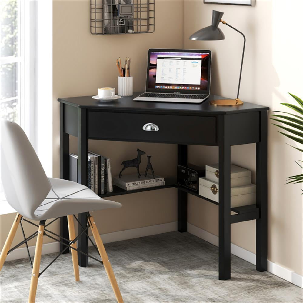 Demi Bonn Corner Wooden Piece Laptop Computer Desk, Small Home Office Desk Study Writing Table, Black