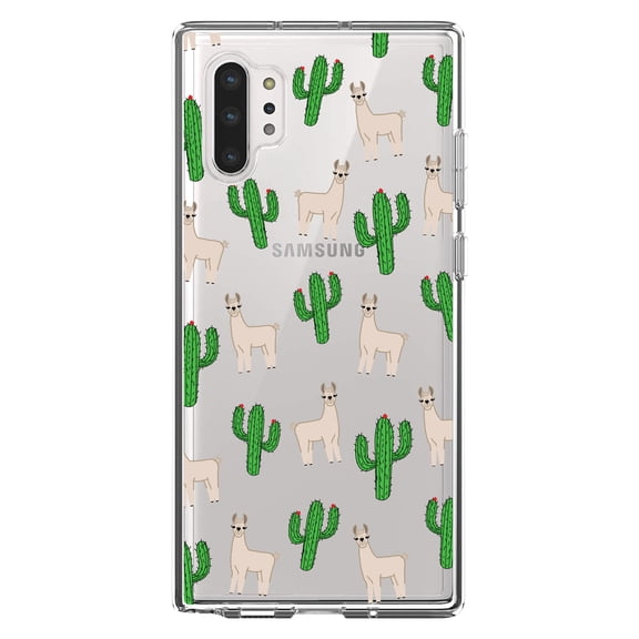 DistinctInk Clear Shockproof Hybrid Case for Galaxy Note 10 PLUS (6.8" Screen) - TPU Bumper, Acrylic Back, Tempered Glass Screen Protector - Llamas and Cacti Cactus