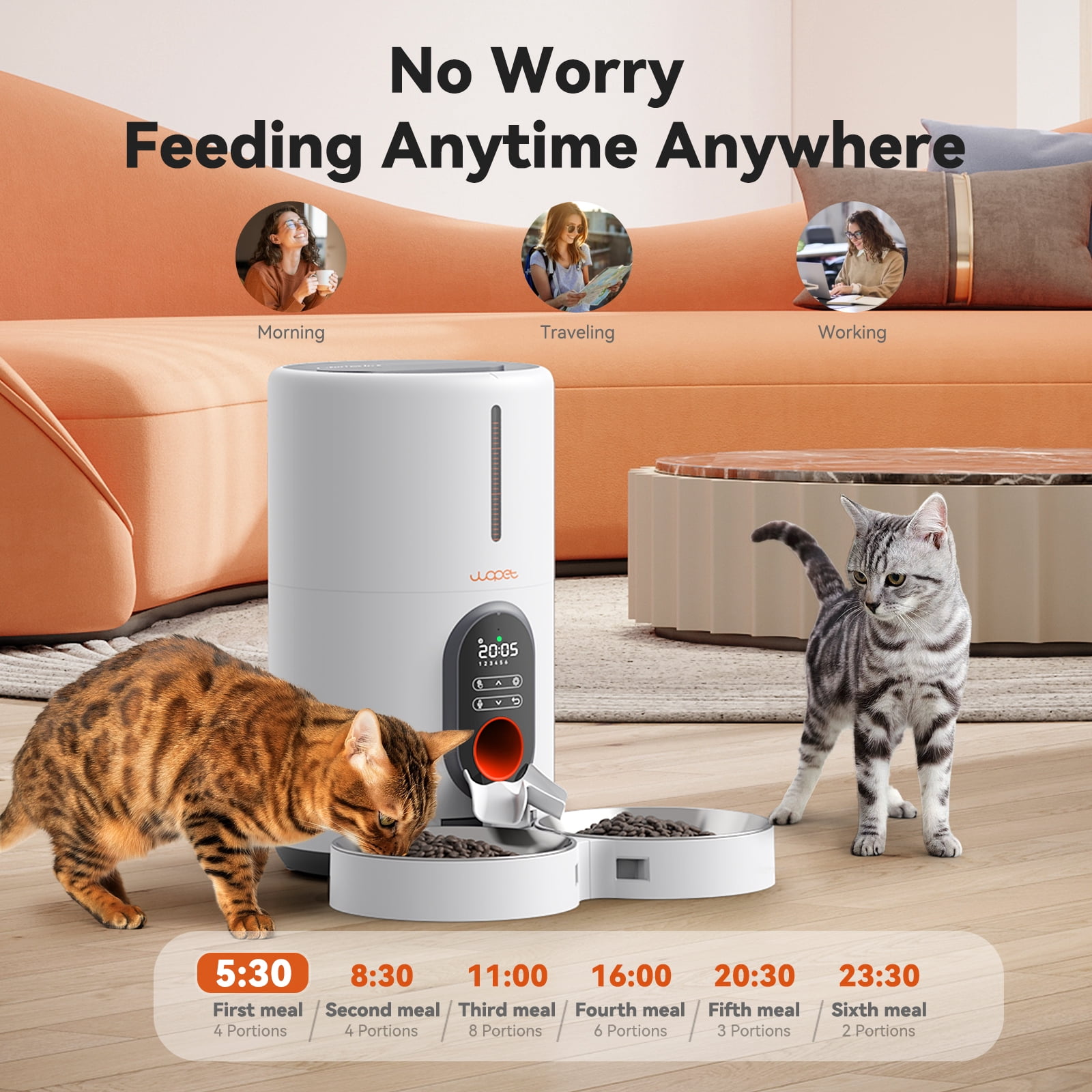 WOPET Automatic 4 L Dual Bowl Feeder with Voice Recording for Small Pets