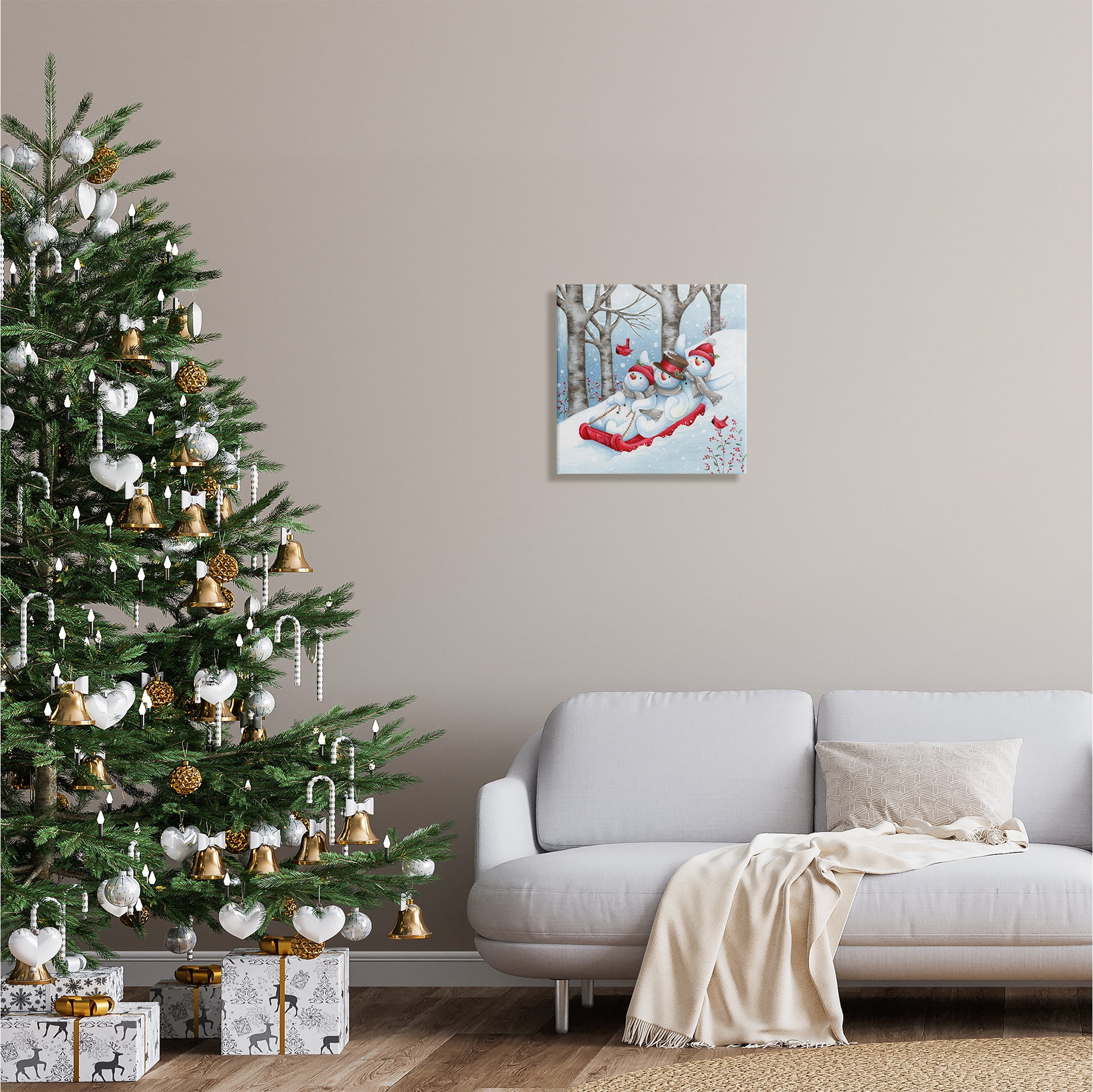 Stupell Industries Happy Snowman Trio Sledding Holiday Painting Gallery Wrapped Canvas Art Print Wall Art, 17 x 17