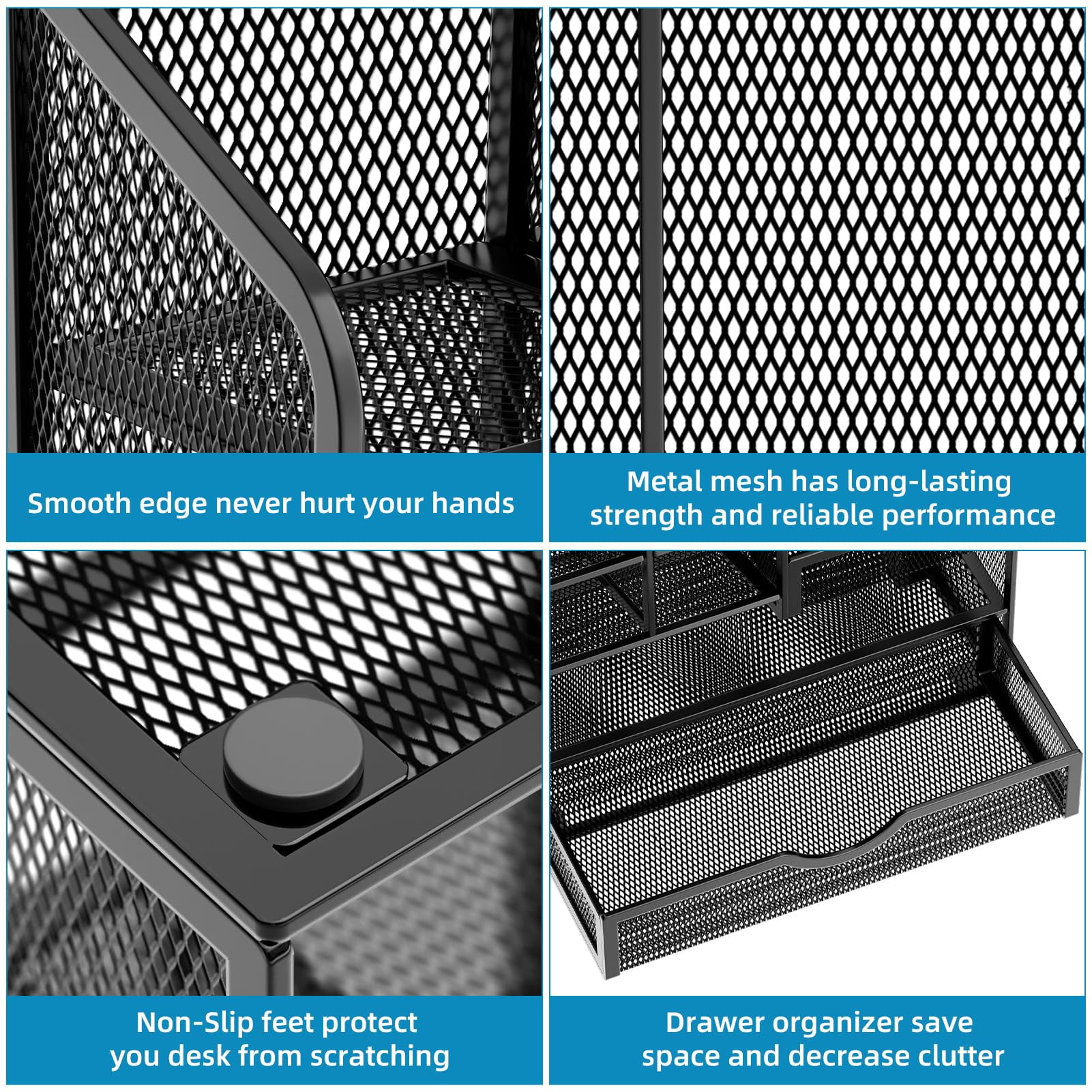 Marbrasse Mesh Pen Holder for Desk, Desk Organizer with Drawer, Multi-Functional Pencil Organizer, Accessories for Office Art Supplies (Black)
