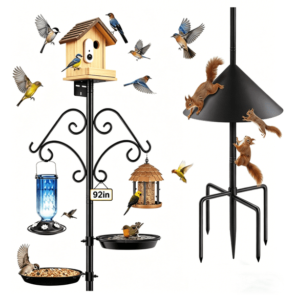 Heavy Duty Bird Feeder Pole,92 Inch Squirrel Proof Adjustable Bird Feeding Station,8 Shepherd Hooks for Feeder Stand, Includes Water Bowl and Mesh Tray,for Outdoor Garden & Yard