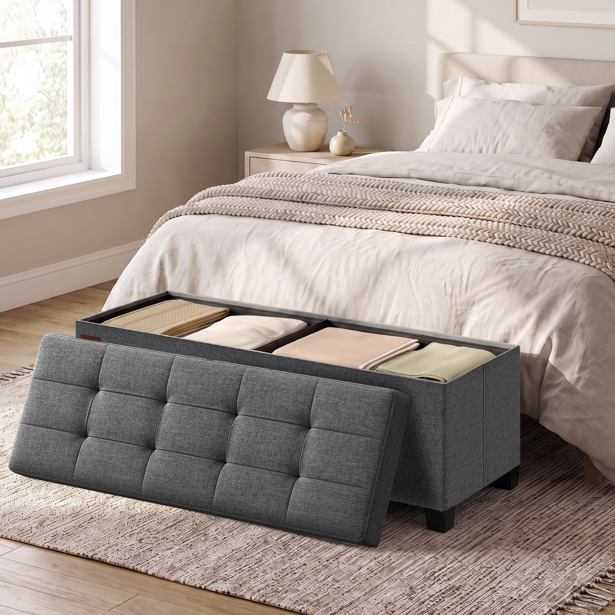 Ledrem Large Folding Storage Ottoman Bench with Footrest, Slate Gray