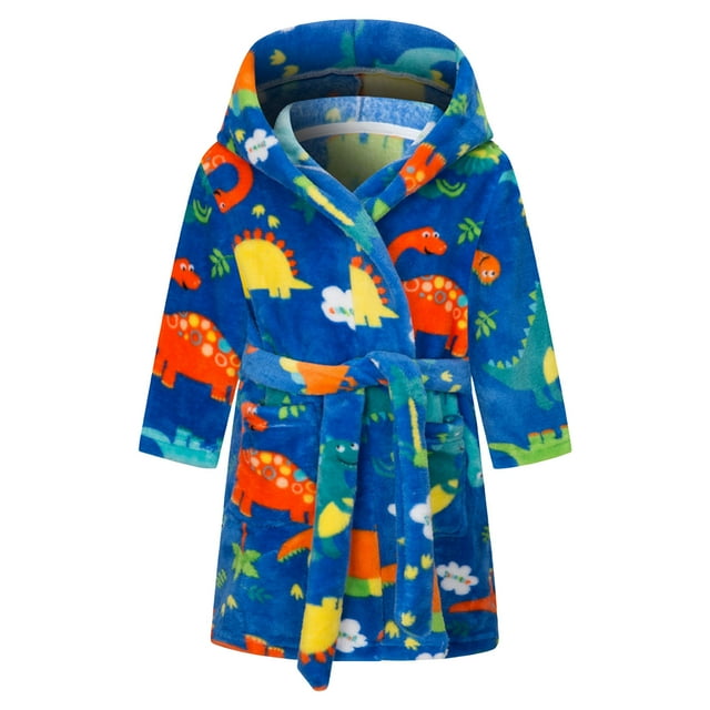 WUANDIXFA Girls Hooded Robe Childrens Flannel Robe Cartoon Print Home Fleece Bathrobe for Boys and Girls with Pockets Blue,2-3 Years