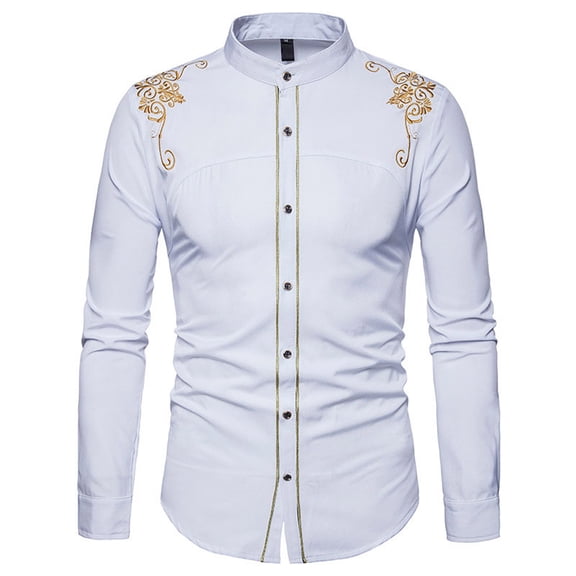 Odeerbi Men Turndown Collar Blouse Shirts Long Sleeve Casual Slim Button Down Dress Shirts Tops With Embroidery