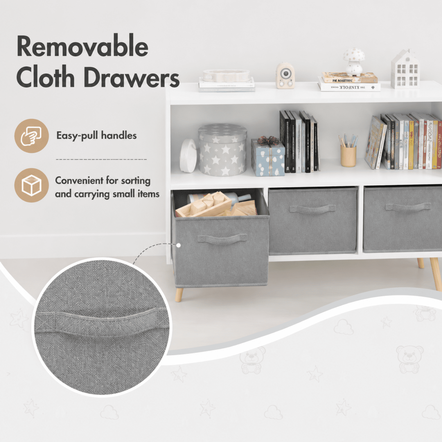 Miniyam Kids Bookcase with Storage Bins, 3 Fabric Drawers, Wooden Toy Organizer for Kids Room, Gray