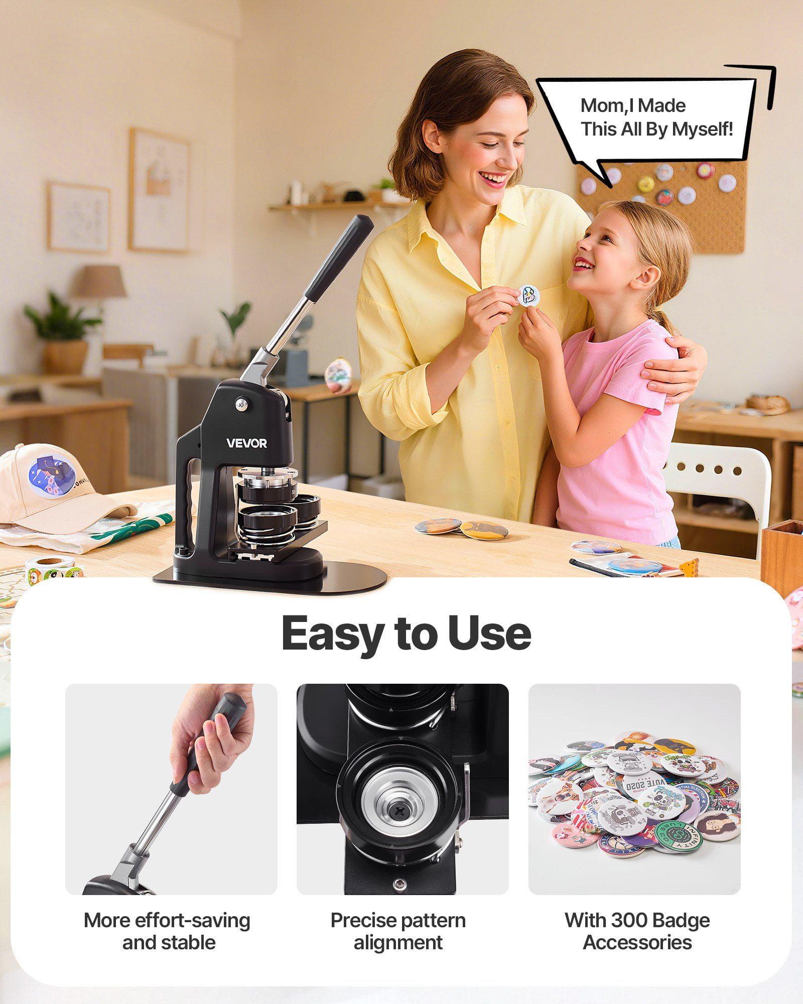 Button Maker Machine, 1.26/2.28/2.95 inch 3-in-1, Plastic Pin Maker with 300pcs Button Parts, Circle Cutter and Magic Book, Reinforced Ergonomic Handle, for DIY Badges, Personalized Pins, Black