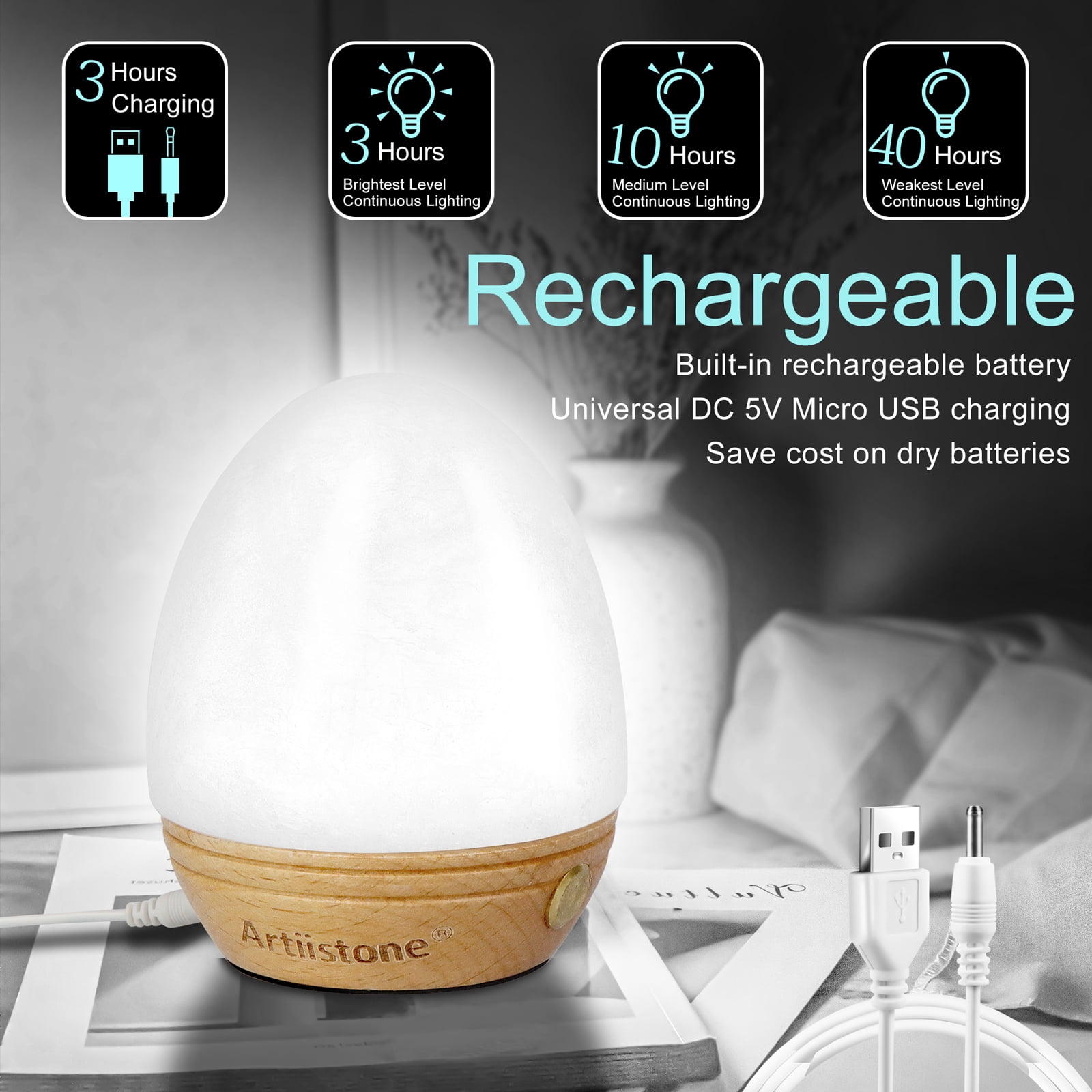 Artistone Clear Quartz Crystal Night Light Carved Gemstone USB Rechargeable Touch Sensor LED Lamp