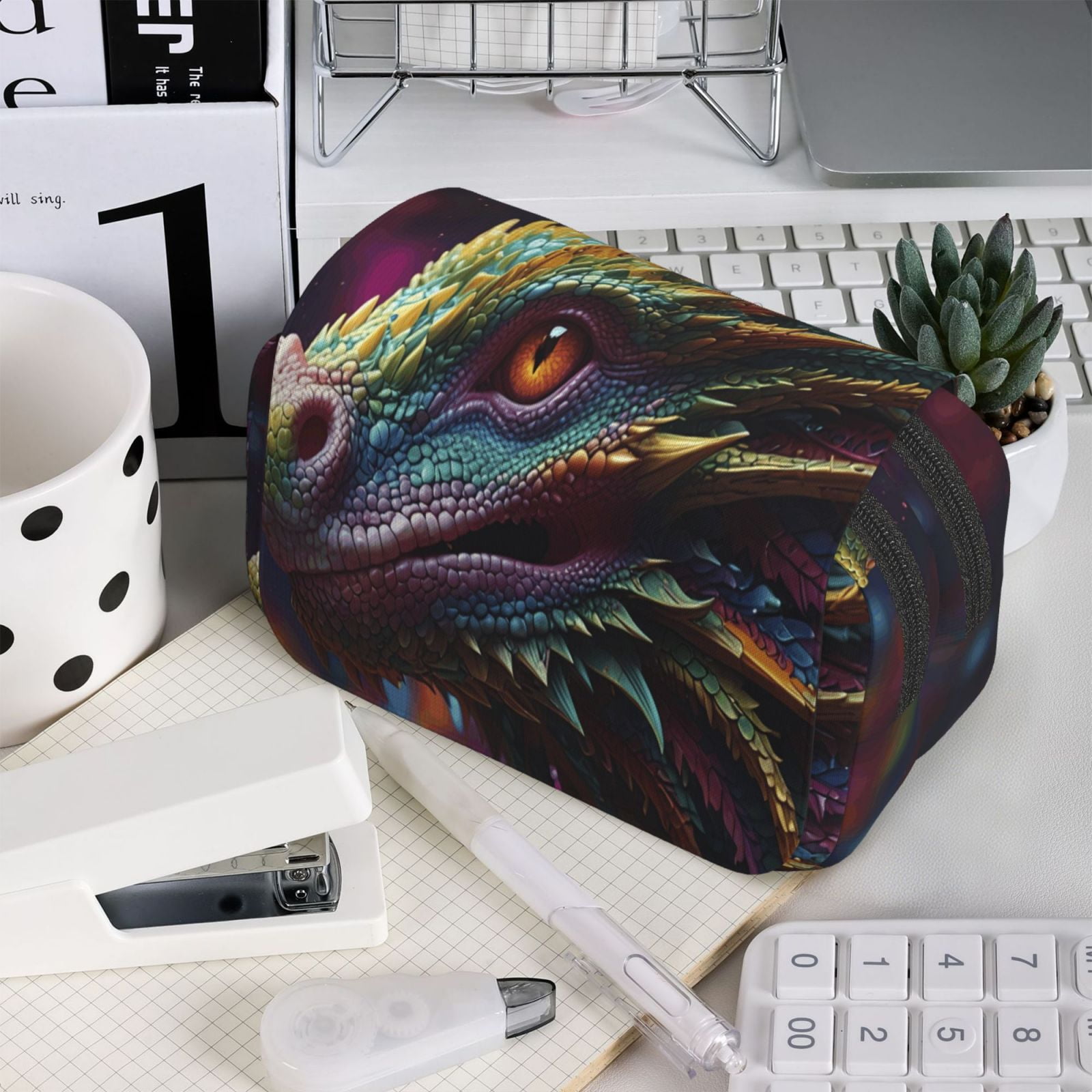Rateoe Colorful Dragon Head Profile Pattern Double Clamshell Pen Case, Storage Organizer with Two Zipper Compartments– Holds Up to 50 Pencils & Pens