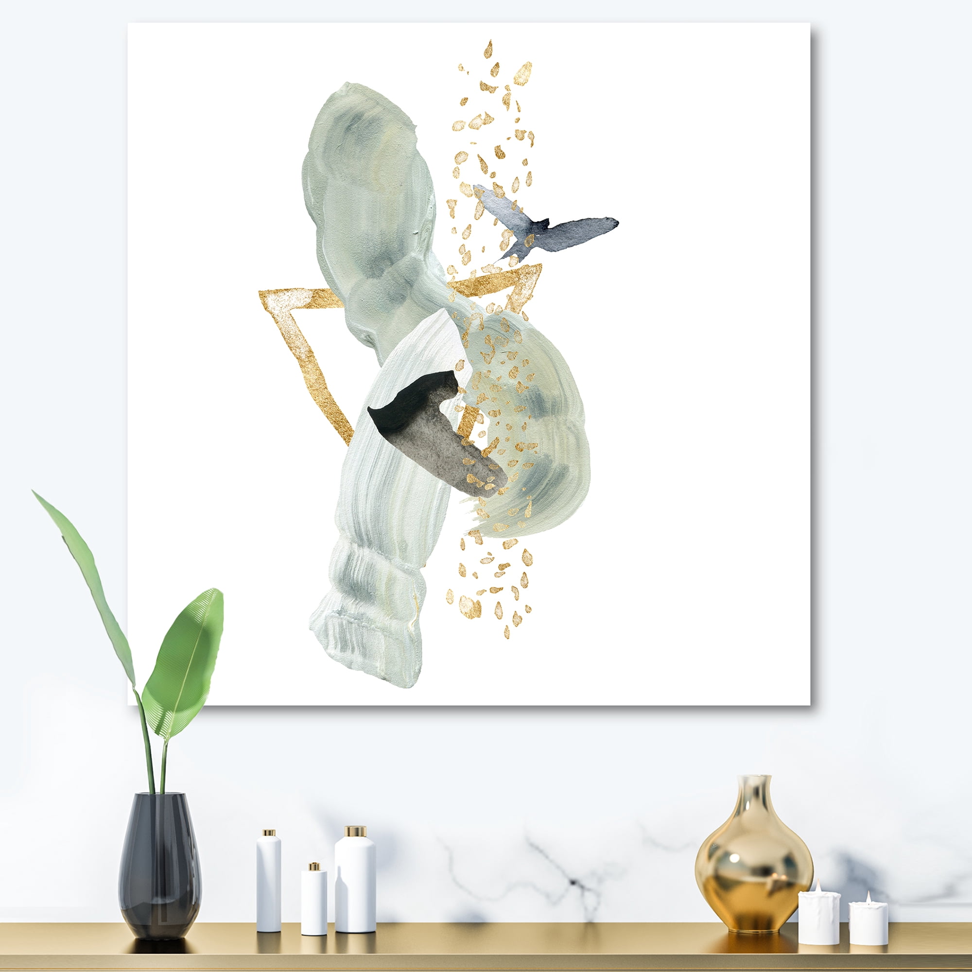 Designart ' Abstract Golden Mountain With Bird and Moon ' Modern Canvas Wall Art Print