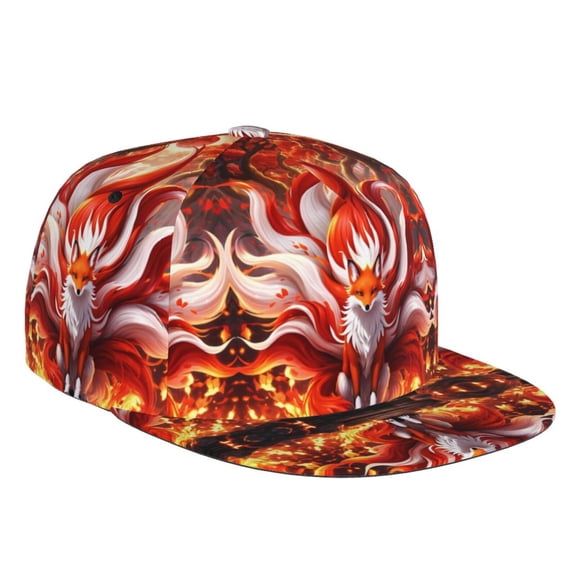 Flat Bill Trucker Hats for Women Men - Red Sun Flame Fox Adjustable Flat Baseball Cap Snapback Hats Dad Hats for Men