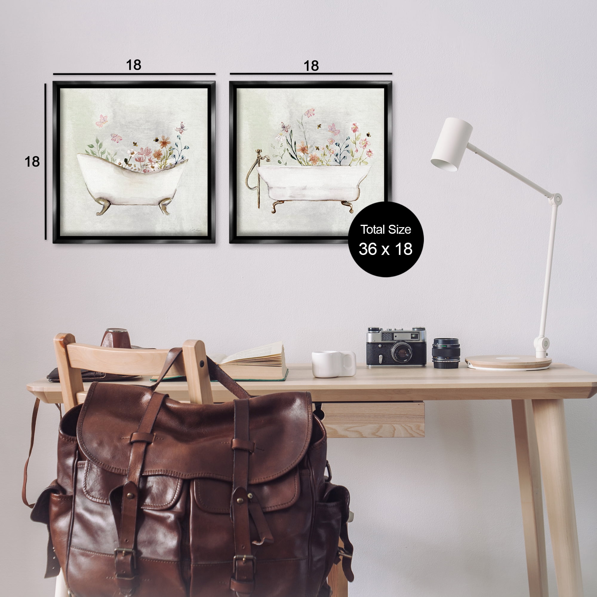 Stupell Industries Clawfoot Flower Garden Bees Bath & Laundry Painting Black Floater Framed Canvas Art Print Wall Art, 18 x 18, Set of 2