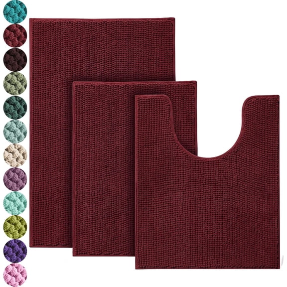 LKIFFA-Bathroom Rugs Set - 3 Pieces Ultra Soft Non-Slip Bath Mats, Chenille Absorbent Bath Rugs for Bathroom, Tub and Shower (Burgundy)