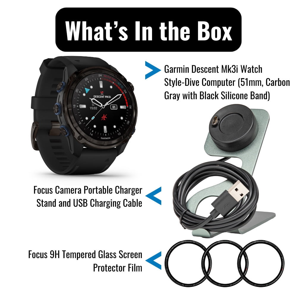 Garmin Descent Mk3i Watch-Style 51mm Dive Computer (Carbon Gray, Black Band) Bundle with Focus Camera Charger Stand for Smartwatches and Focus Camera 9H Tempered Glass Screen Protector Film (3 Items)