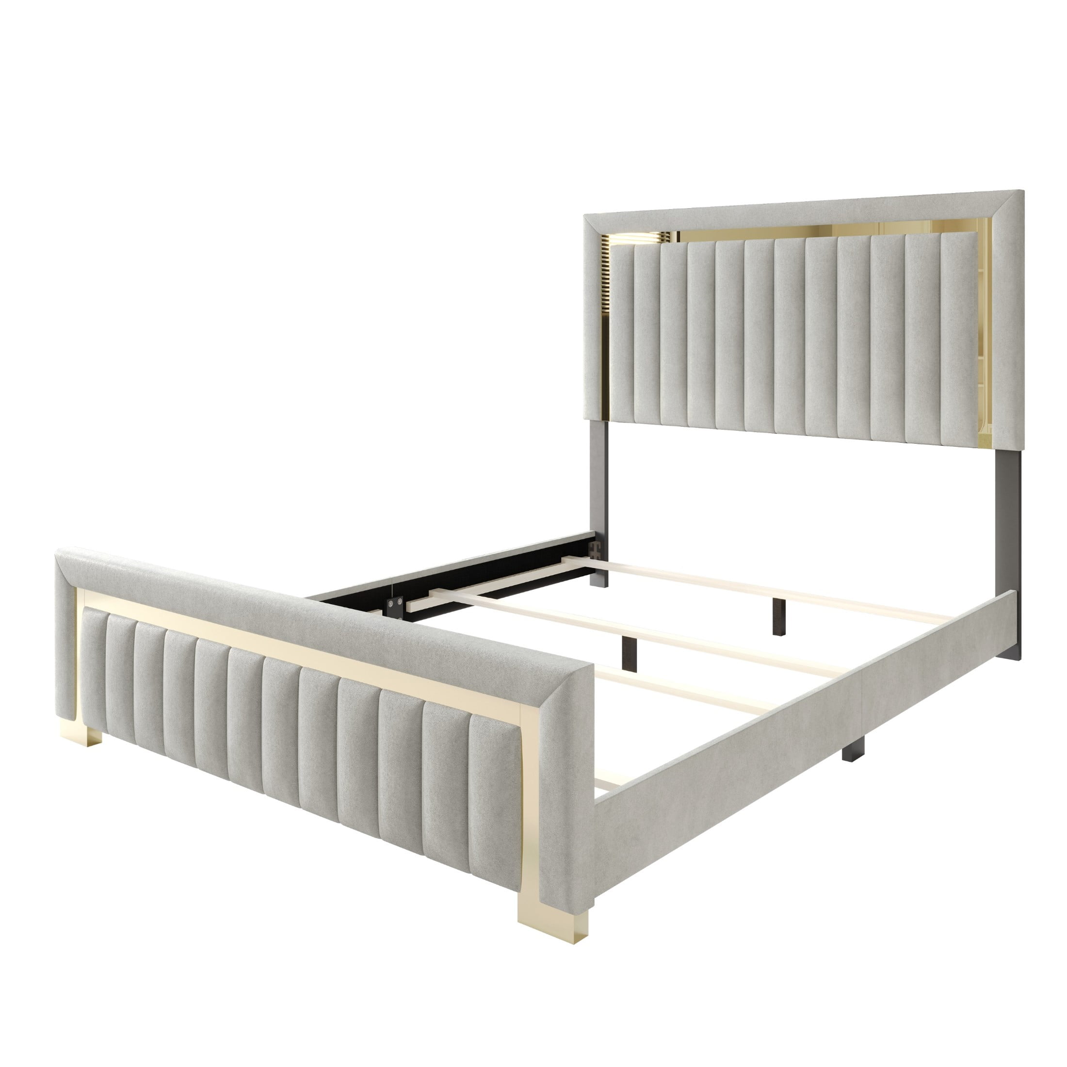 Home Design Olathe Full Upholstered Panel Bed Frame with Channel-Tufted Headboard and Gold Acrylic Strip Accents, Light Gray, Easy Assembly