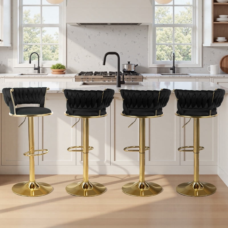 Hawsaiy Modern Velvet Bar Stools Set of 2, Adjustable Height Woven Back Bar Chairs with Footrest and Swivel for Kitchen Island & Dining Room, Black