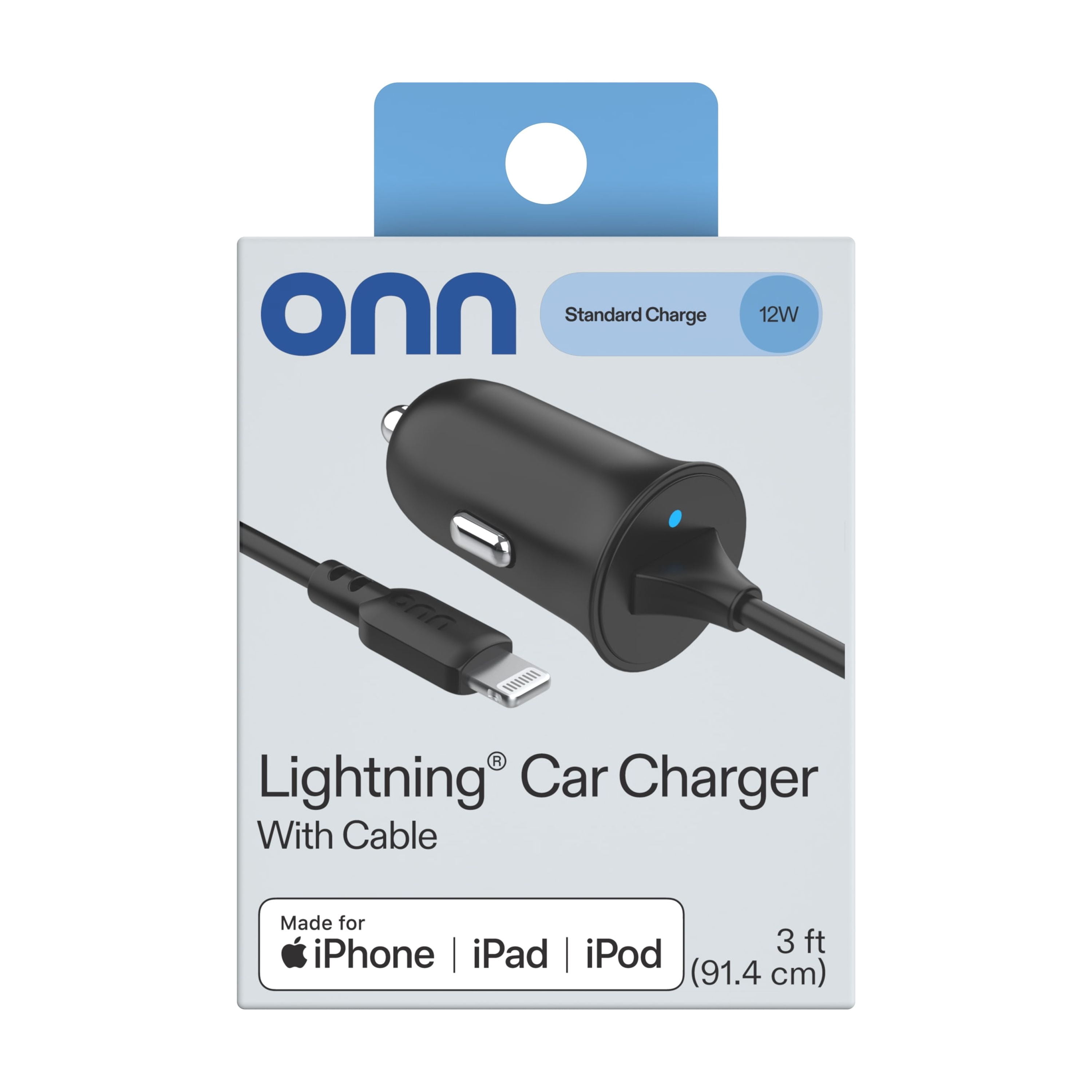 onn. 2.4A Lightning Car Charger, Vehicle Adapter for iPhone, iPad and iPod, Black