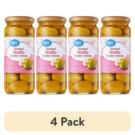 (4 pack) Great Value Stuffed Garlic Green Olives, 7oz Jar