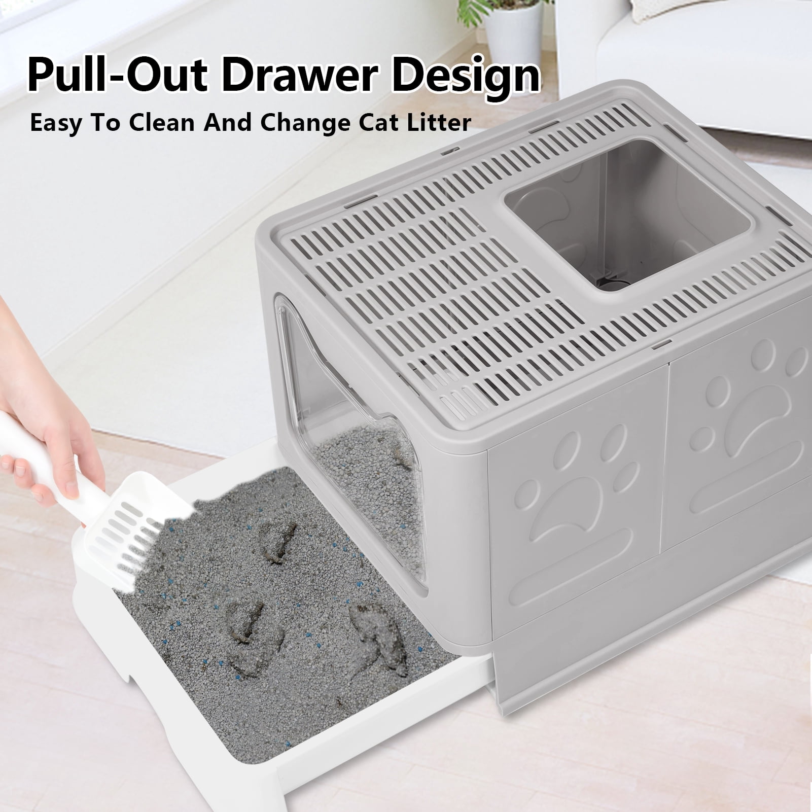 WiseWater Large Foldable Cat Litter Box with Lid, Top Entry Kitty Litter Box with Pet Plastic Scoop, Grey