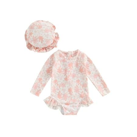 

Toddler Swimsuits Baby Girl Floral Print Ruffled Jumpsuit Bathing Suit Bikini Swim Cap Sets Swimwear 2Pcs Summer Beachwear Outfit
