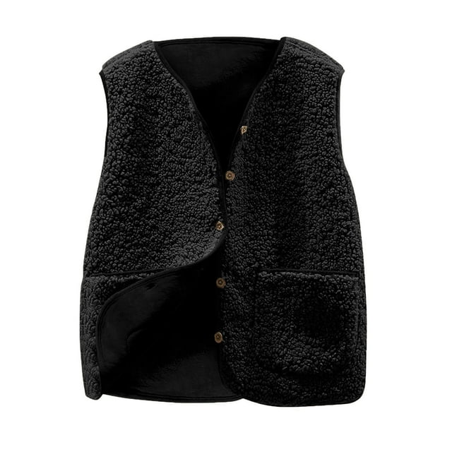 RXMEKW Sleeveless Fleece Vest Jacket for Women with Pockets, Button Front and Solid Color, Black Size L