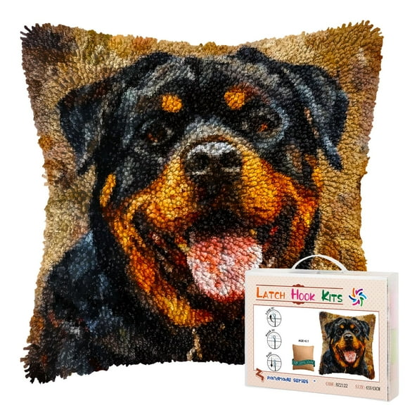 Textured Portratit of Black Rottweiller Dog DIY Latch Hook Pillow Kits for Adults Printed Pillowcase Crochet Yarns Hooking Handmade Pillow Cover Cushion for Home Sofa Decoration 17x17inch