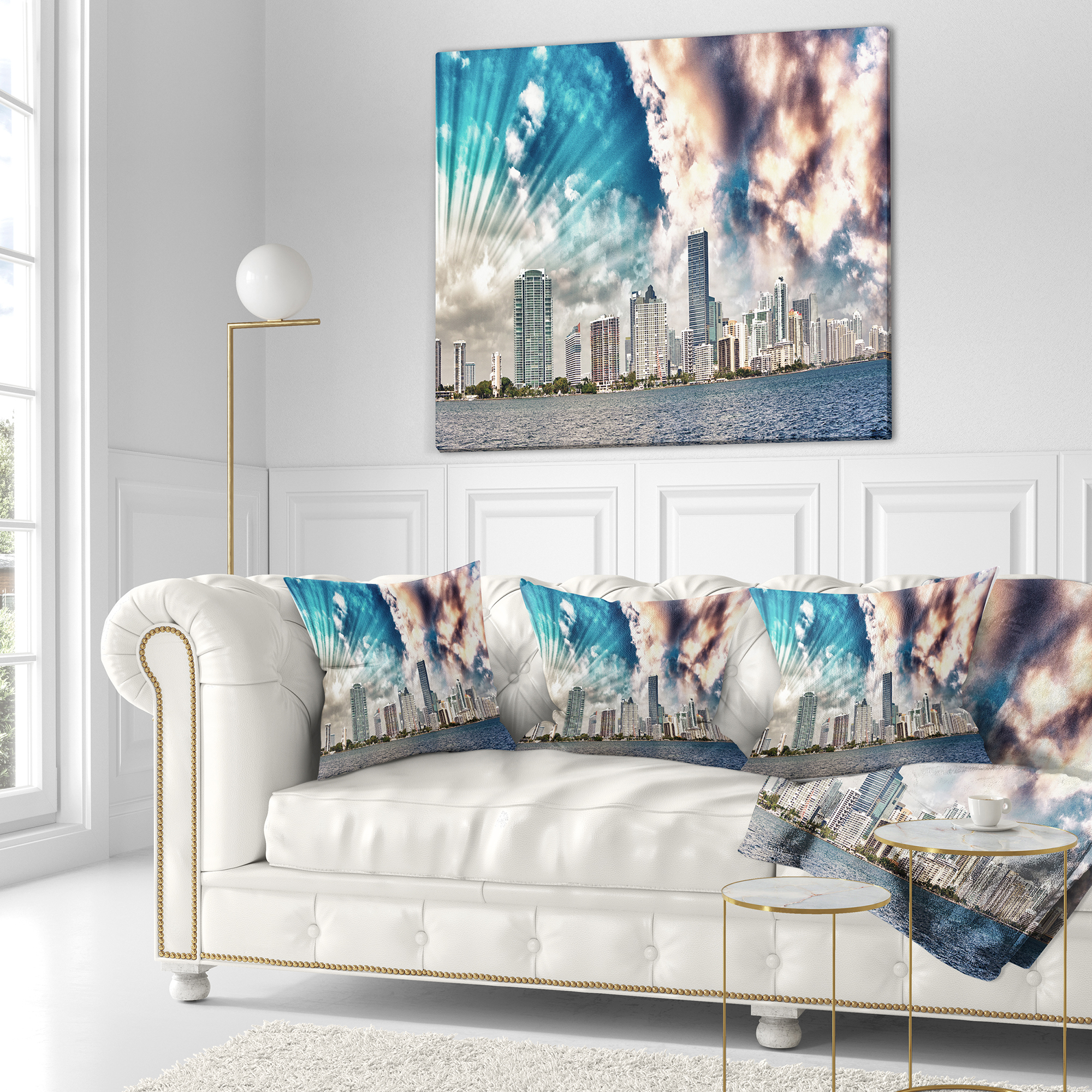 Designart Miami Skyline with Clouds - Cityscape Photo Throw Pillow - 16x16