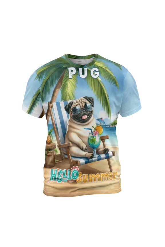 Pug Hello Summer Beach Theme with Sunglasses and Tropical Cocktail All Over Print 3D Shirt Unisex Merch Dog Lover Gifts - 00009