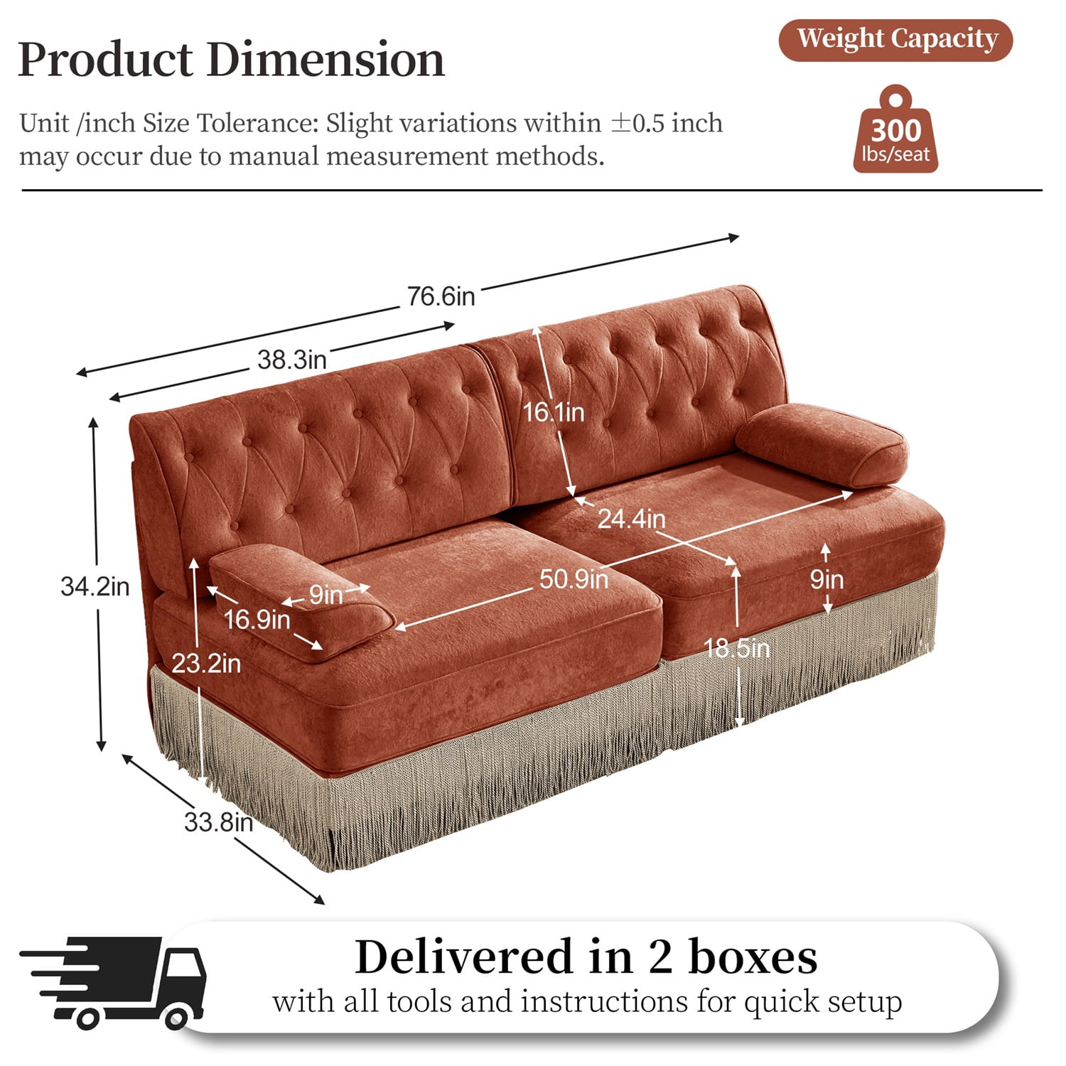 Hommoo 2-Seater Chesterfield Style Velvet Fabric Sofa Couch set, Tufted Button Upholstered Design and Floor-grazing TasseL, Free Combination Sectional Sofa, for Home, Red Brown