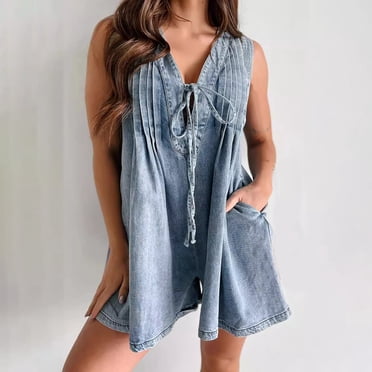 Womens Casual Sleeveless Tie Front Denim Romper Overall Shorts Summer Jean Romper With Pocket Skin Tight Jumpsuit New Jumpsuits for Women Lack Jumpsuit Ladies Long Sleeve Rompers Wedding Jumpsuits for
