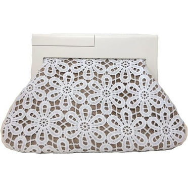 Fashion Culture Elegant Floral Lace Jute Ruched Clutch Handbag Wood Frame, Natural/White