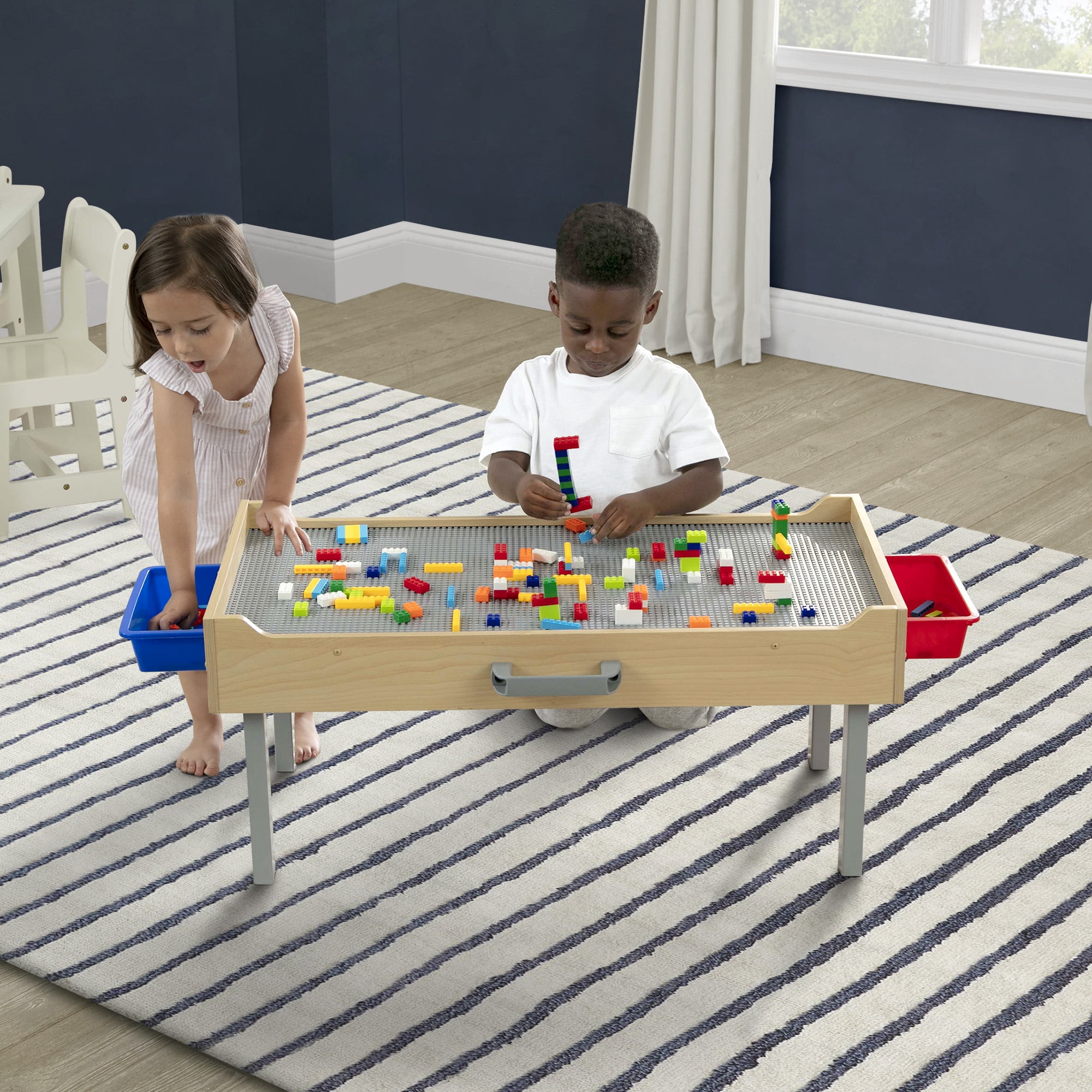 Delta Children Wooden Play N Store Building Bricks Play Table with 100+ Play Bricks Included - Large Brick Plate Compatible with LEGO, MegaBlocks & More - Legs Fold for Easy Under Bed Storage, Grey