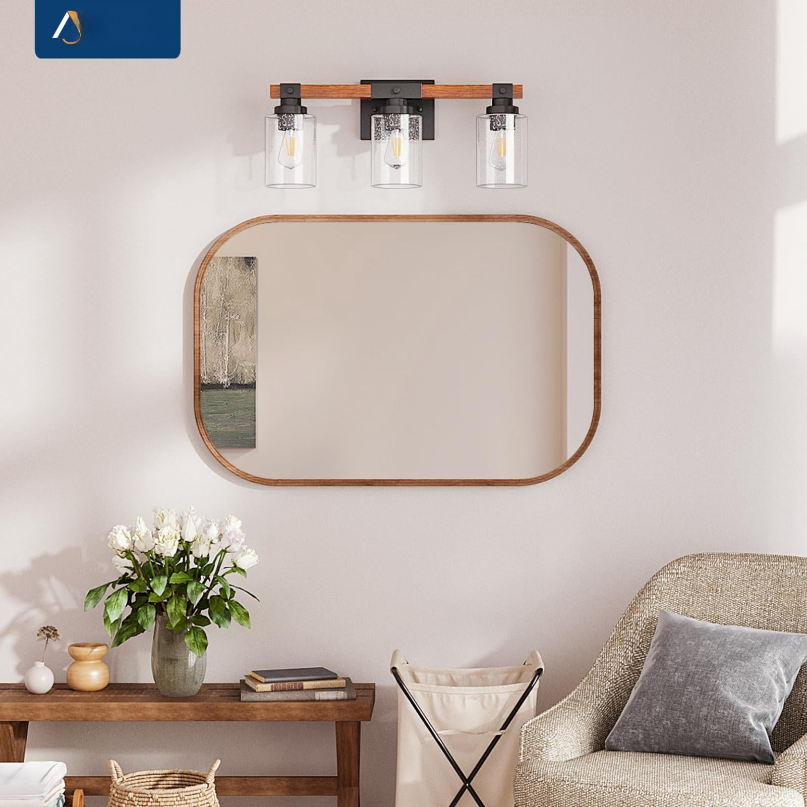 3-light Farmhouse Vanity Light Fixture  Rustic Wood Bathroom Fixtures Industrial Vintage Black Wall Sconces Lights With Bubble Glass Shade For Mirror Bedroom Living Room Hallway