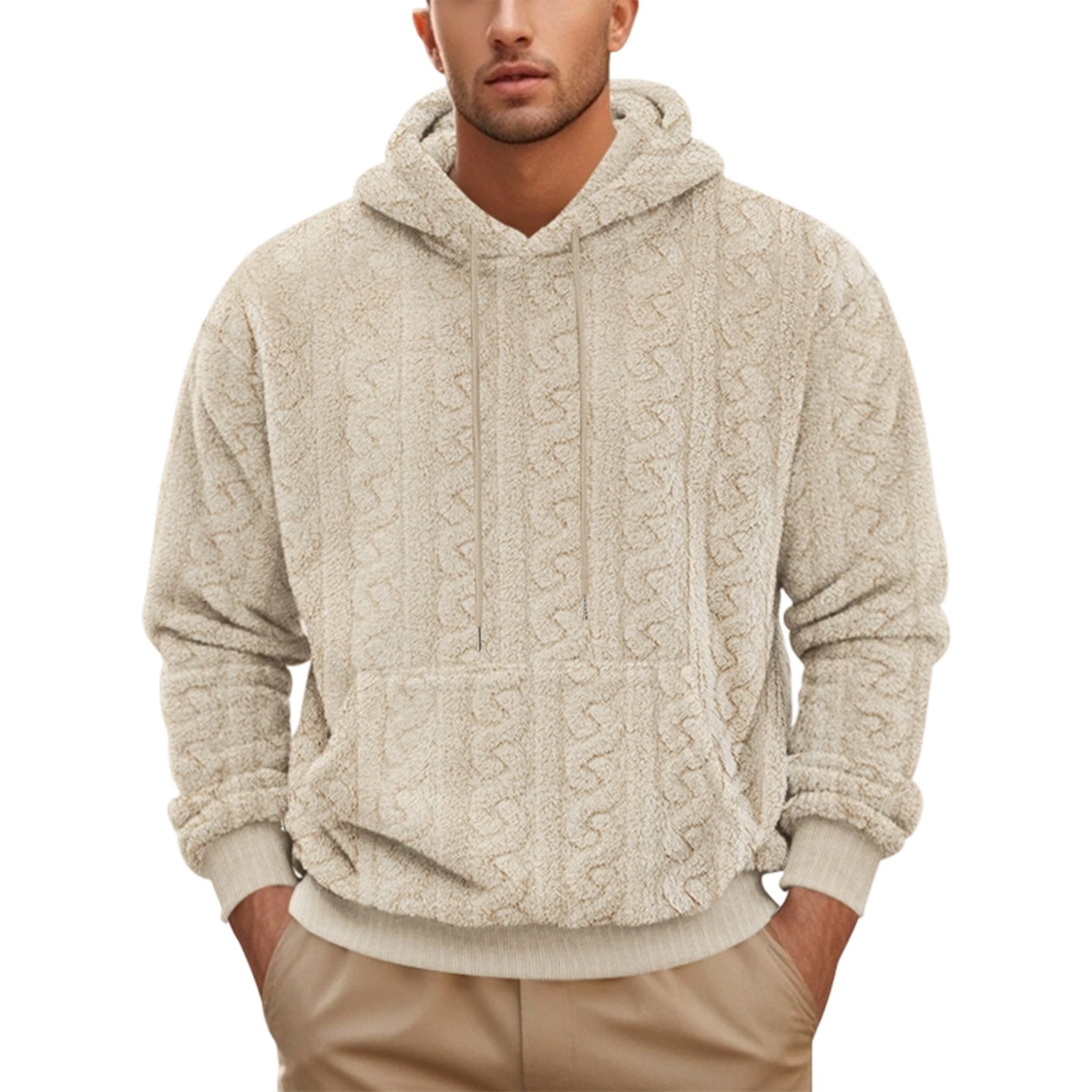Mens Hooded Top Fall Winter Outdoor Hooded Jacquard Double Face Fleece Casual Loose Sport Sweatshirt for Warm Active Wear Long Sleeve Hooded Top