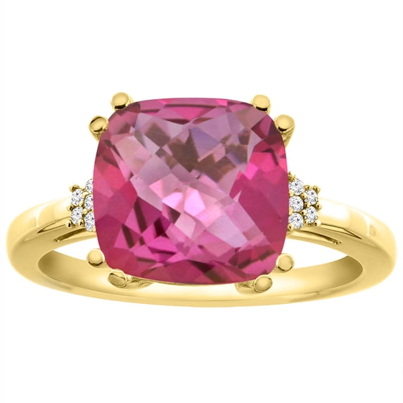 14K Yellow Gold Diamond Natural Pink Topaz Engagement Ring Cushion-cut 10x10 mm, size 9.5