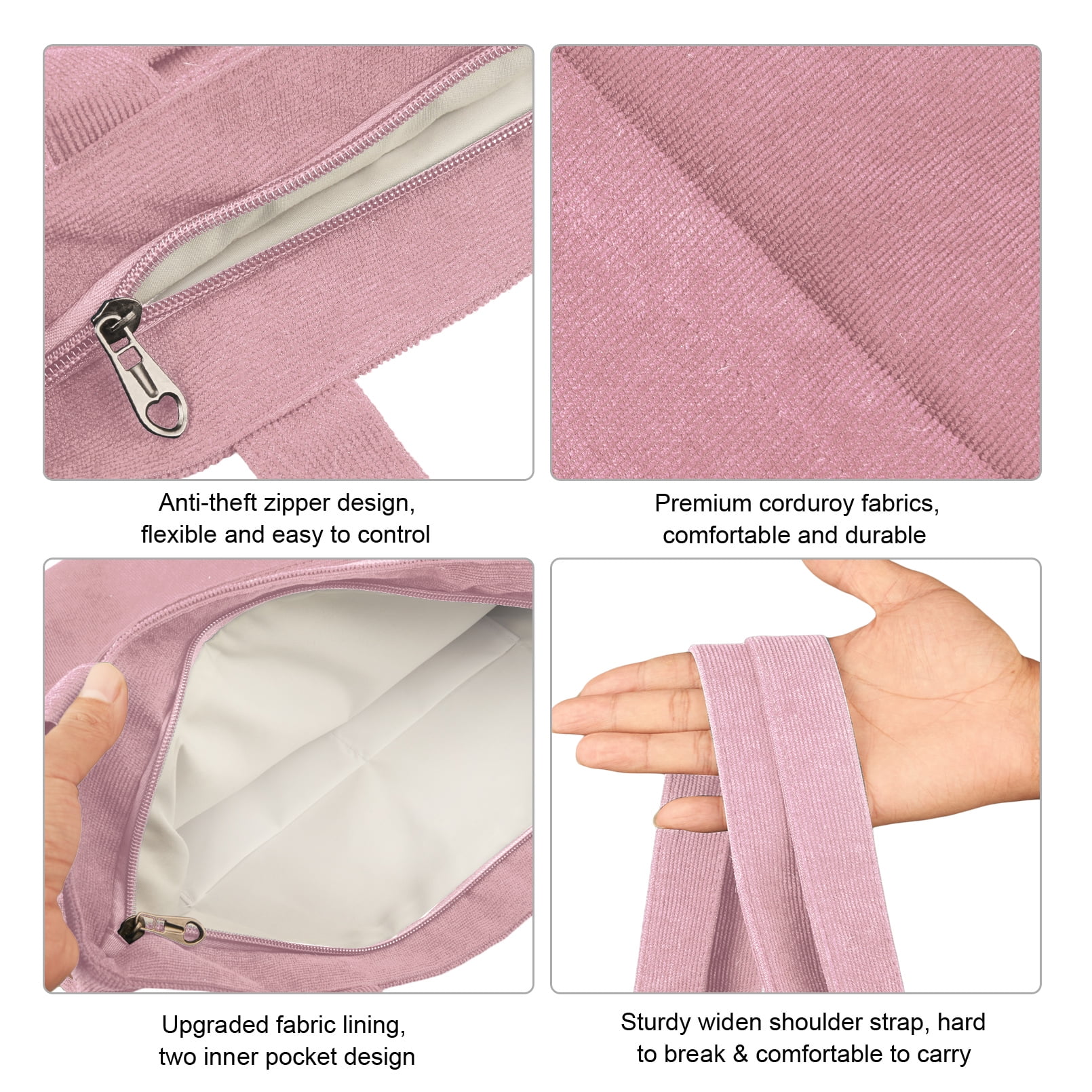 Corduroy Tote Bag with Zip, FITDON Shoulder Bag Women's Hobos Handbags  Large Capacity Shopping Bag, Pink 