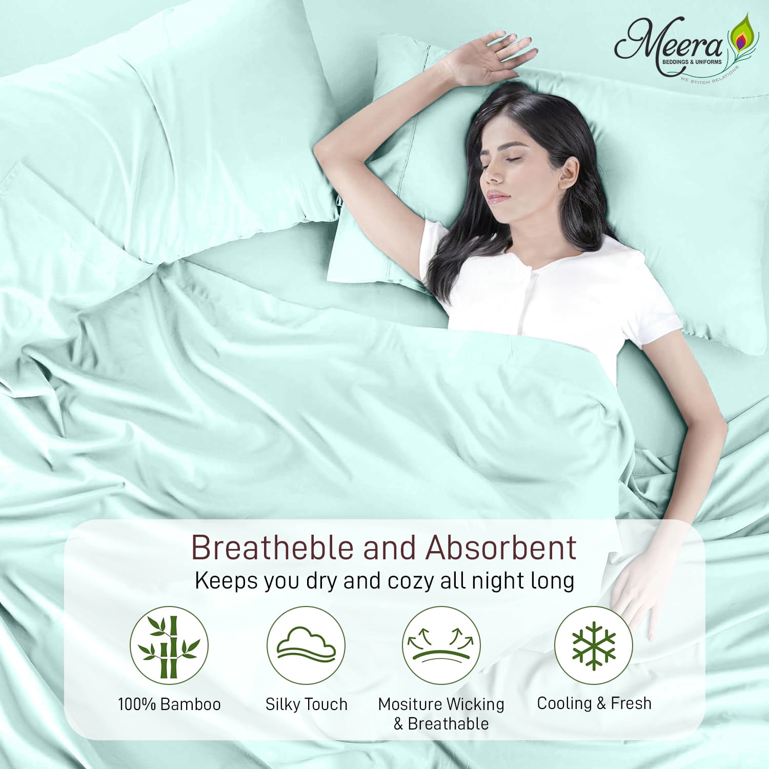 MEERA BEDDING & UNIFORMS Extra Soft Bamboo Bed Sheet 1 flat, 2 pillowcase, Moisture Wicking, Cooling, Breathable-King Size Bed Sheet